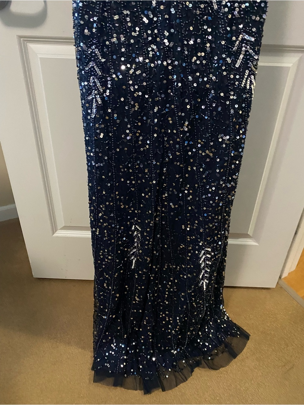 Adrianna Papell Navy Sequin V-Neck Maxi Gown - Picture 5 of 8